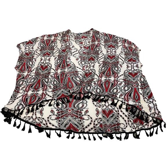 VIZIO USA OPEN FRONT COVER-UP, WOMENS, M, WHITE RED BLACK PAISLEY, LACE FRINGE - Picture 2 of 8